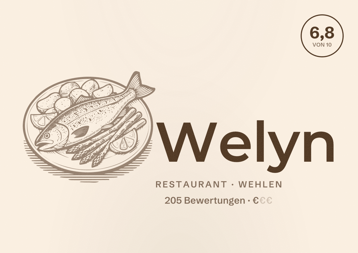 Illustriertes Poster von Welyn, Restaurant in Wehlen: Bewertung 6,8 von 10 aus 205 Bewertungen, Preisniveau €