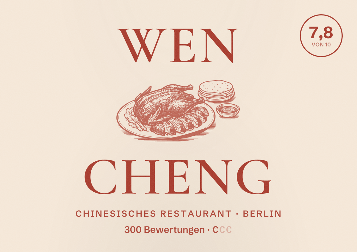 Illustriertes Poster von Wen Cheng, Chinesisches Restaurant in Berlin: Bewertung 7,8 von 10 aus 300 Bewertungen, Preisniveau €