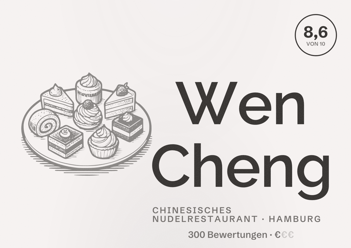 Illustriertes Poster von Wen Cheng, Chinesisches Nudelrestaurant in Hamburg: Bewertung 8,6 von 10 aus 300 Bewertungen, Preisniveau €
