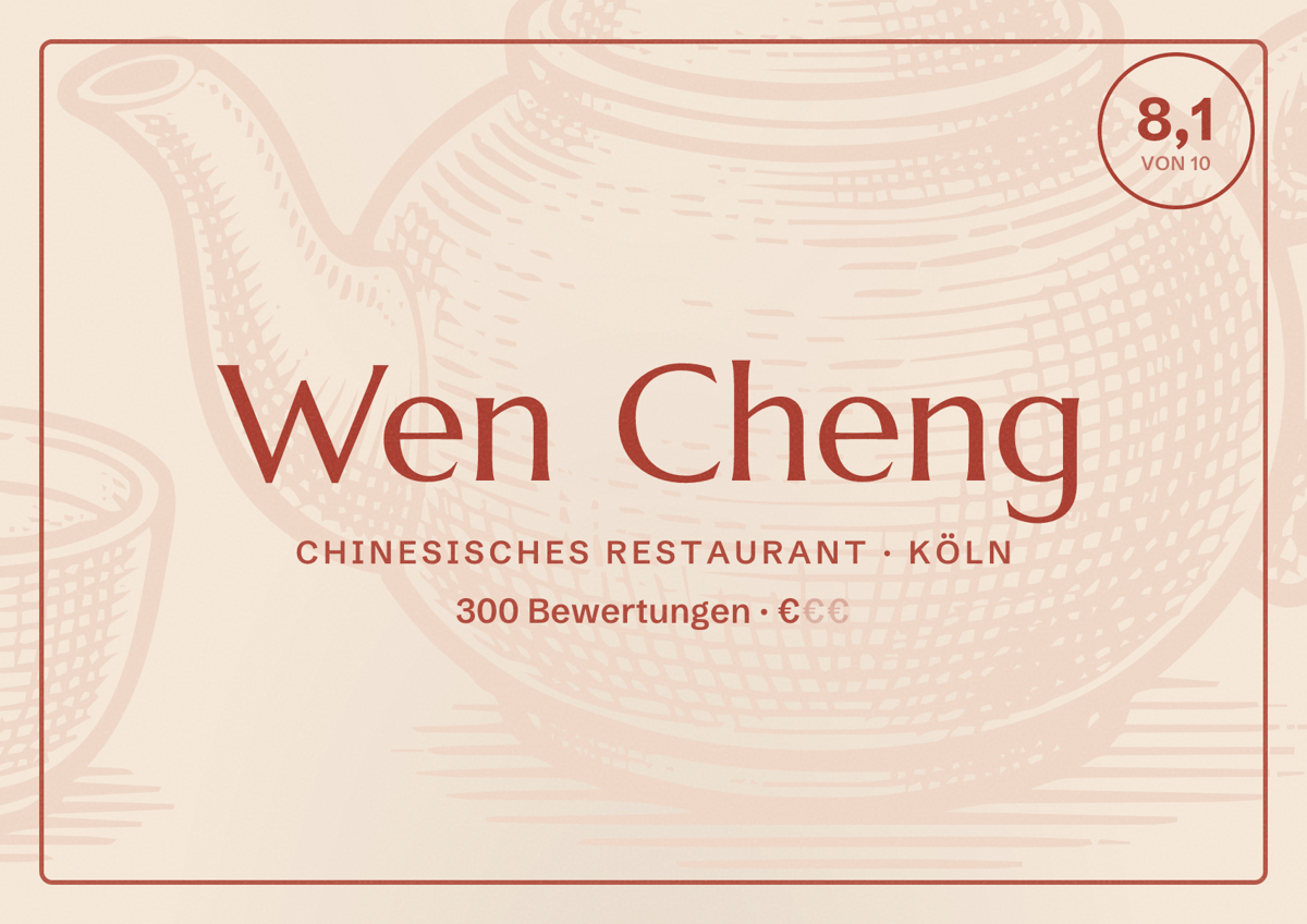 Illustriertes Poster von Wen Cheng, Chinesisches Restaurant in Köln: Bewertung 8,1 von 10 aus 300 Bewertungen, Preisniveau €