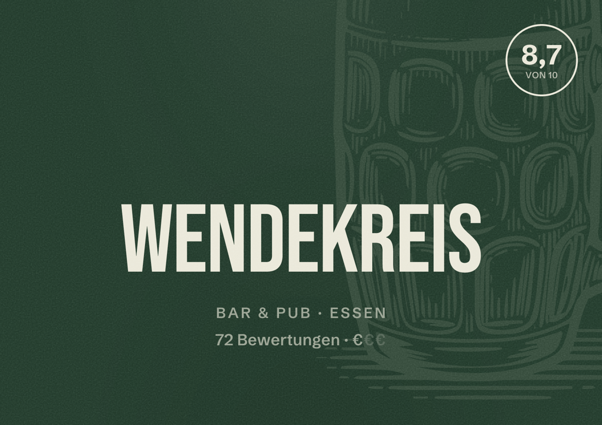Illustriertes Poster von Wendekreis, Bar & Pub in Essen: Bewertung 8,7 von 10 aus 72 Bewertungen, Preisniveau €