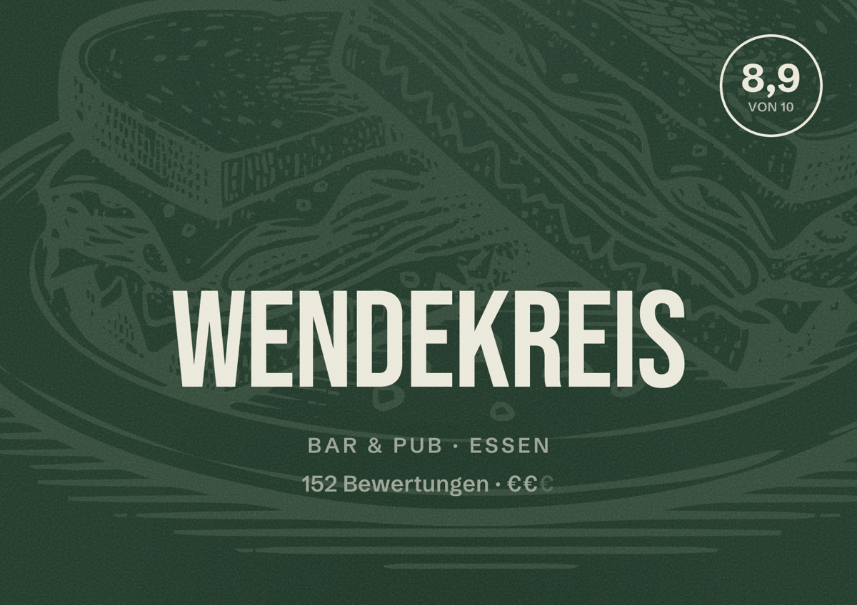 Illustriertes Poster von Wendekreis, Bar & Pub in Essen: Bewertung 8,9 von 10 aus 152 Bewertungen, Preisniveau €€