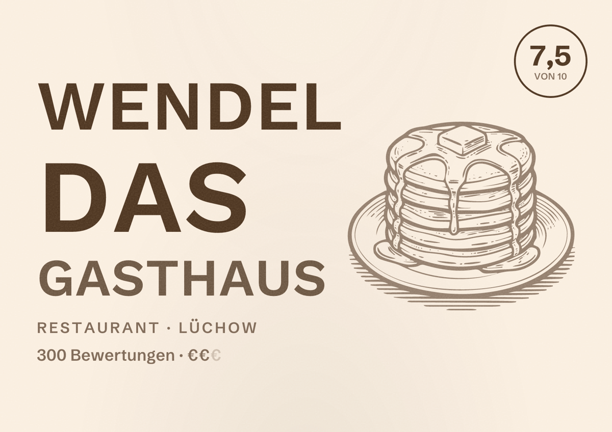 Illustriertes Poster von Wendel Das Gasthaus, Restaurant in Lüchow: Bewertung 7,5 von 10 aus 300 Bewertungen, Preisniveau €€