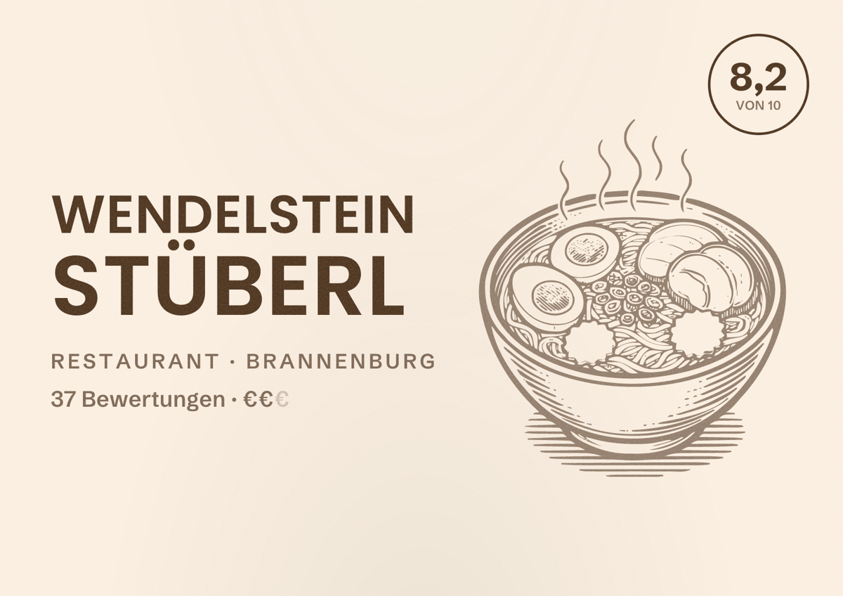 Illustriertes Poster von Wendelstein Stüberl, Restaurant in Brannenburg: Bewertung 8,2 von 10 aus 37 Bewertungen, Preisniveau €€