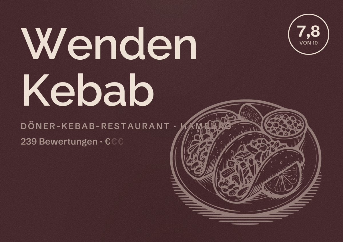 Illustriertes Poster von Wenden Kebab, Döner-Kebab-Restaurant in Hamburg: Bewertung 7,8 von 10 aus 239 Bewertungen, Preisniveau €