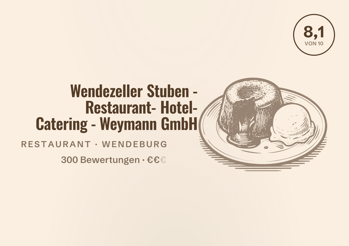 Illustriertes Poster von Wendezeller Stuben - Restaurant- Hotel- Catering - Weymann GmbH, Restaurant in Wendeburg: Bewertung 8,1 von 10 aus 300 Bewertungen, Preisniveau €€