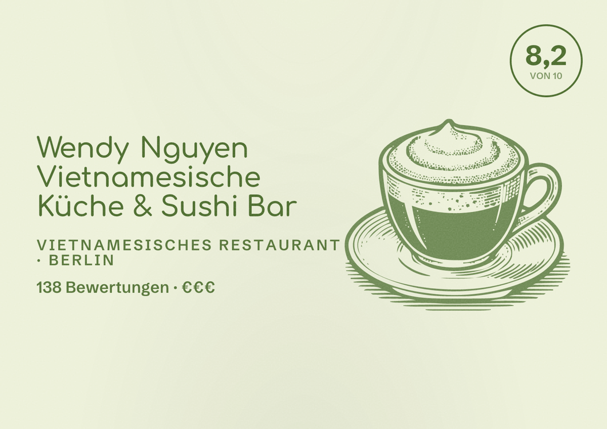 Illustriertes Poster von Wendy Nguyen Vietnamesische Küche & Sushi Bar, Vietnamesisches Restaurant in Berlin: Bewertung 8,2 von 10 aus 138 Bewertungen, Preisniveau €€€