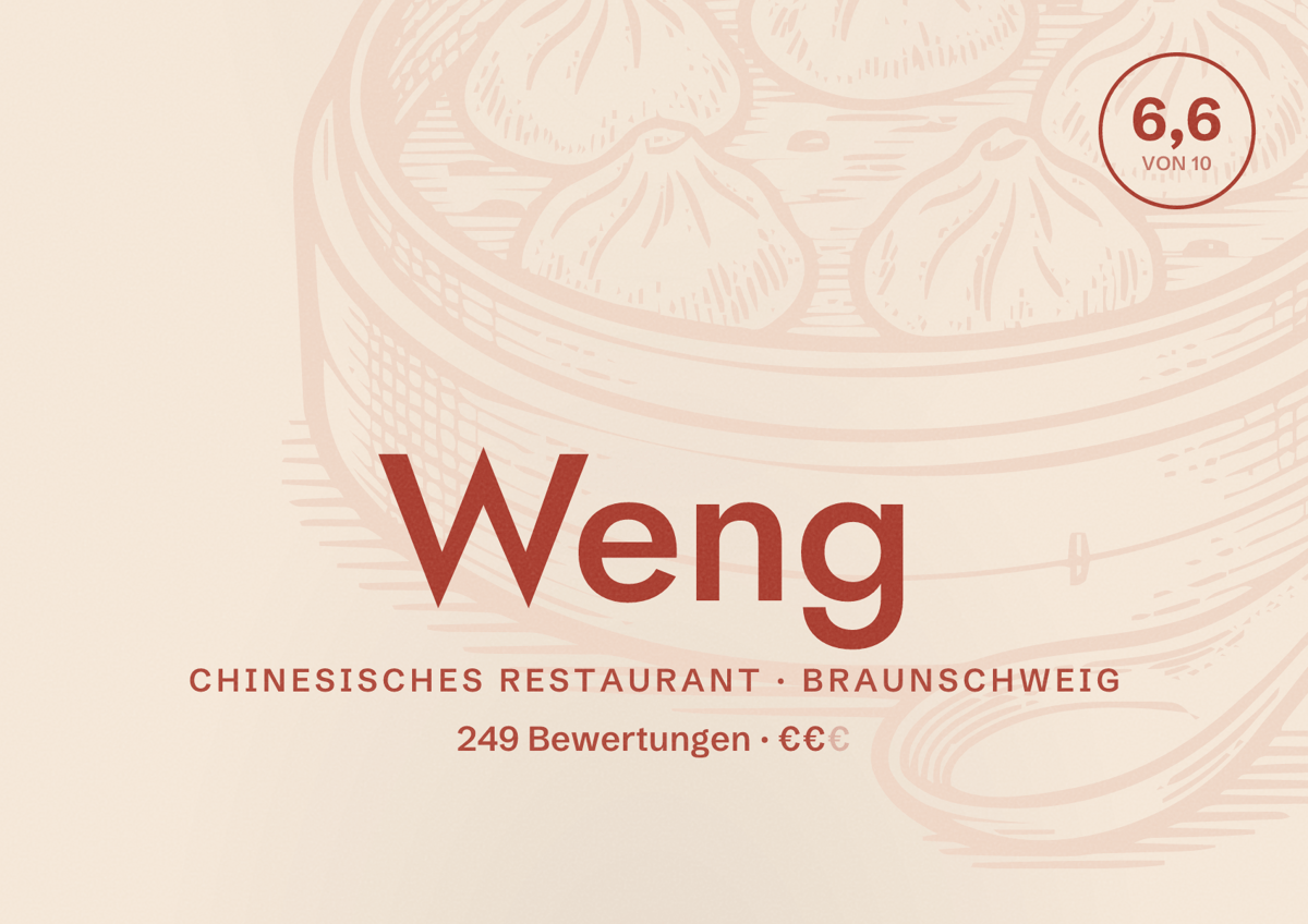 Illustriertes Poster von Weng, Chinesisches Restaurant in Braunschweig: Gästebewertung 6,6 von 10 aus 249 Bewertungen