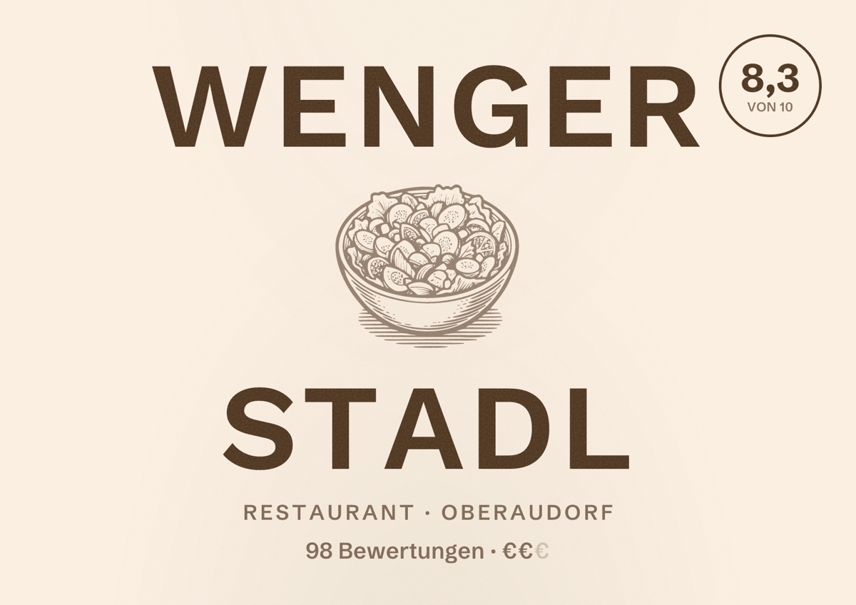 Illustriertes Poster von Wenger Stadl, Restaurant in Oberaudorf: Bewertung 8,3 von 10 aus 98 Bewertungen, Preisniveau €€