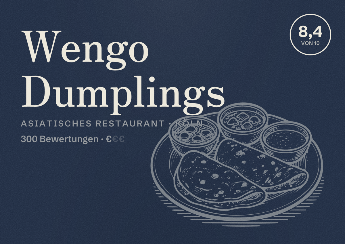 Illustriertes Poster von Wengo Dumplings, Asiatisches Restaurant in Köln: Bewertung 8,4 von 10 aus 300 Bewertungen, Preisniveau €