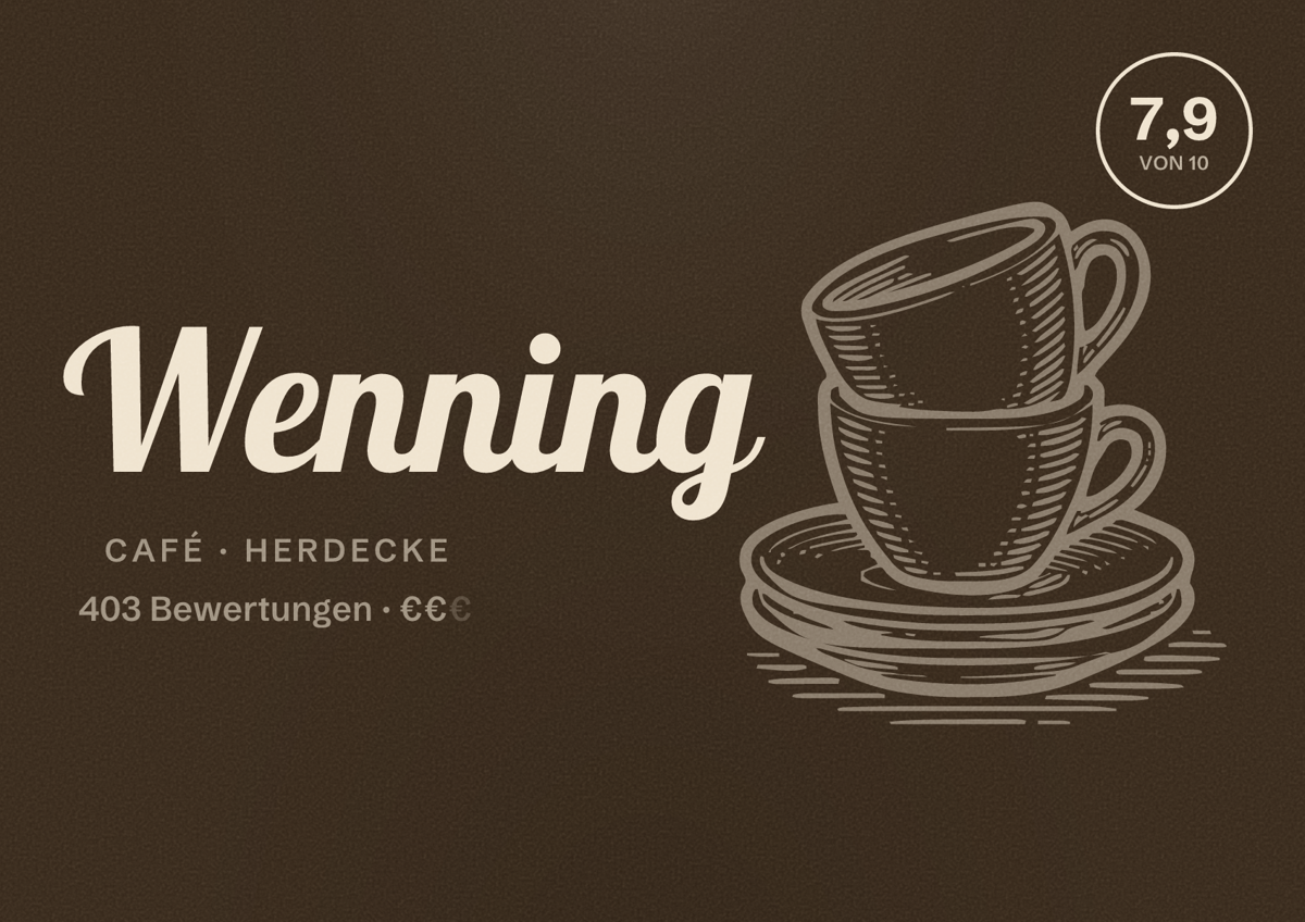 Illustriertes Poster von Wenning, Café in Herdecke: Bewertung 7,9 von 10 aus 403 Bewertungen, Preisniveau €€