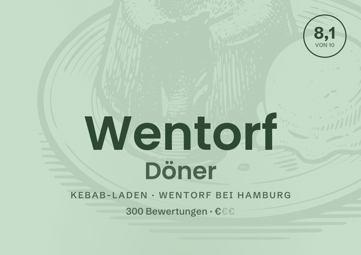 Illustriertes Poster von Wentorf Döner, Kebab-Laden in Wentorf bei Hamburg: Bewertung 8,1 von 10 aus 300 Bewertungen, Preisniveau €