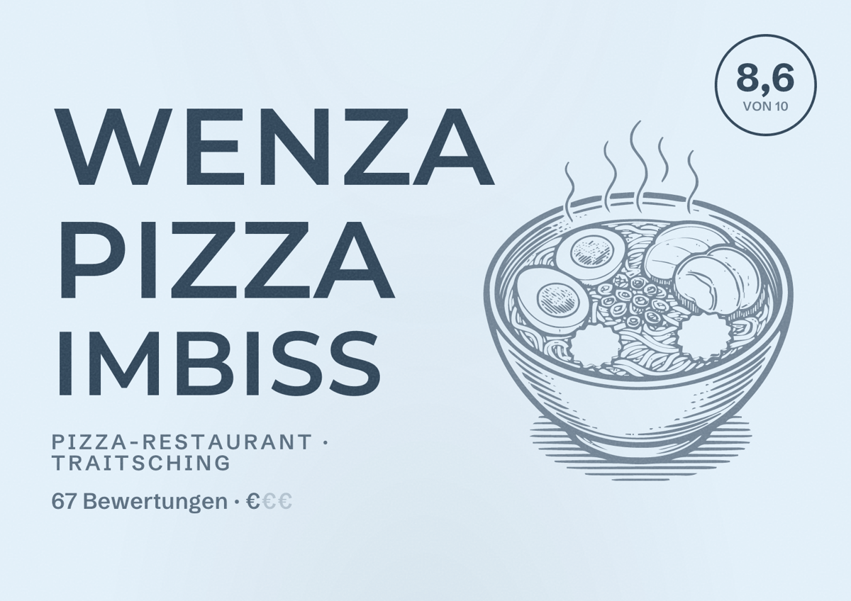 Illustriertes Poster von Wenza pizza imbiss, Pizza-Restaurant in Traitsching: Bewertung 8,6 von 10 aus 67 Bewertungen, Preisniveau €