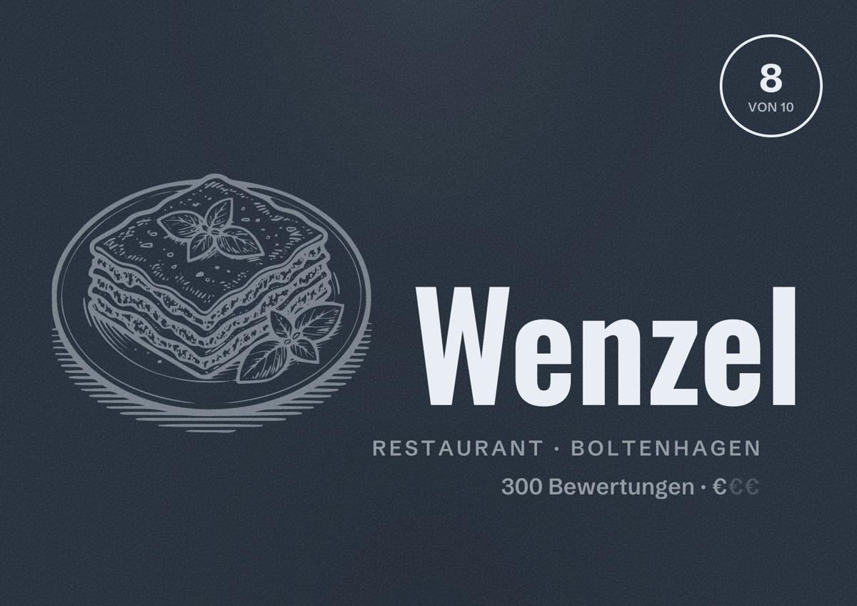 Illustriertes Poster von Wenzel, Restaurant in Boltenhagen: Bewertung 8 von 10 aus 300 Bewertungen, Preisniveau €