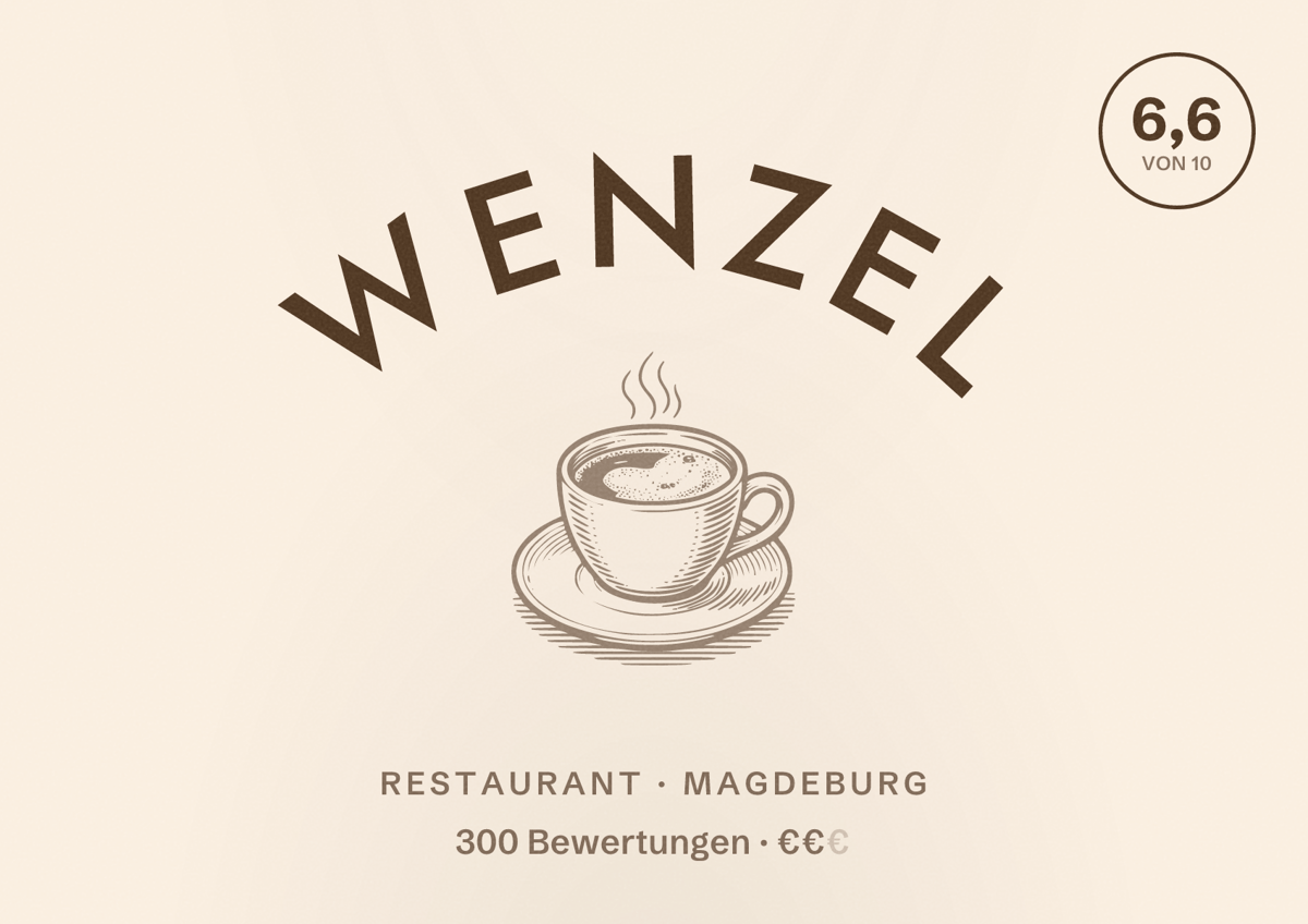Illustriertes Poster von Wenzel, Restaurant in Magdeburg: Bewertung 6,6 von 10 aus 300 Bewertungen, Preisniveau €€