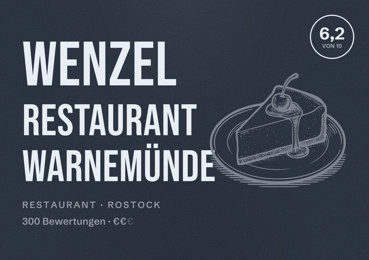 Illustriertes Poster von Wenzel Restaurant Warnemünde, Restaurant in Rostock: Bewertung 6,2 von 10 aus 300 Bewertungen, Preisniveau €€