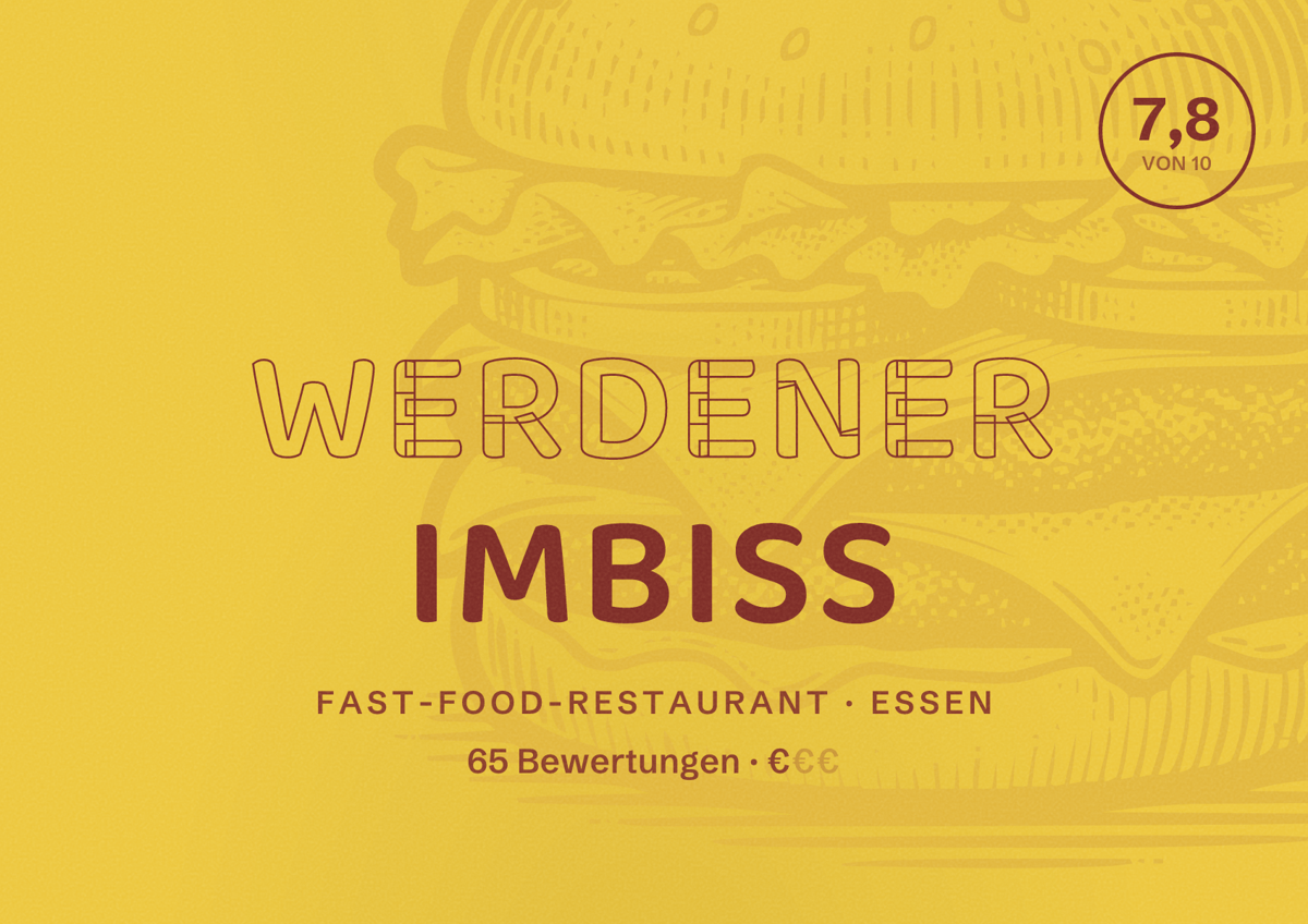 Illustriertes Poster von Werdener Imbiss, Fast-Food-Restaurant in Essen: Bewertung 7,8 von 10 aus 65 Bewertungen, Preisniveau €