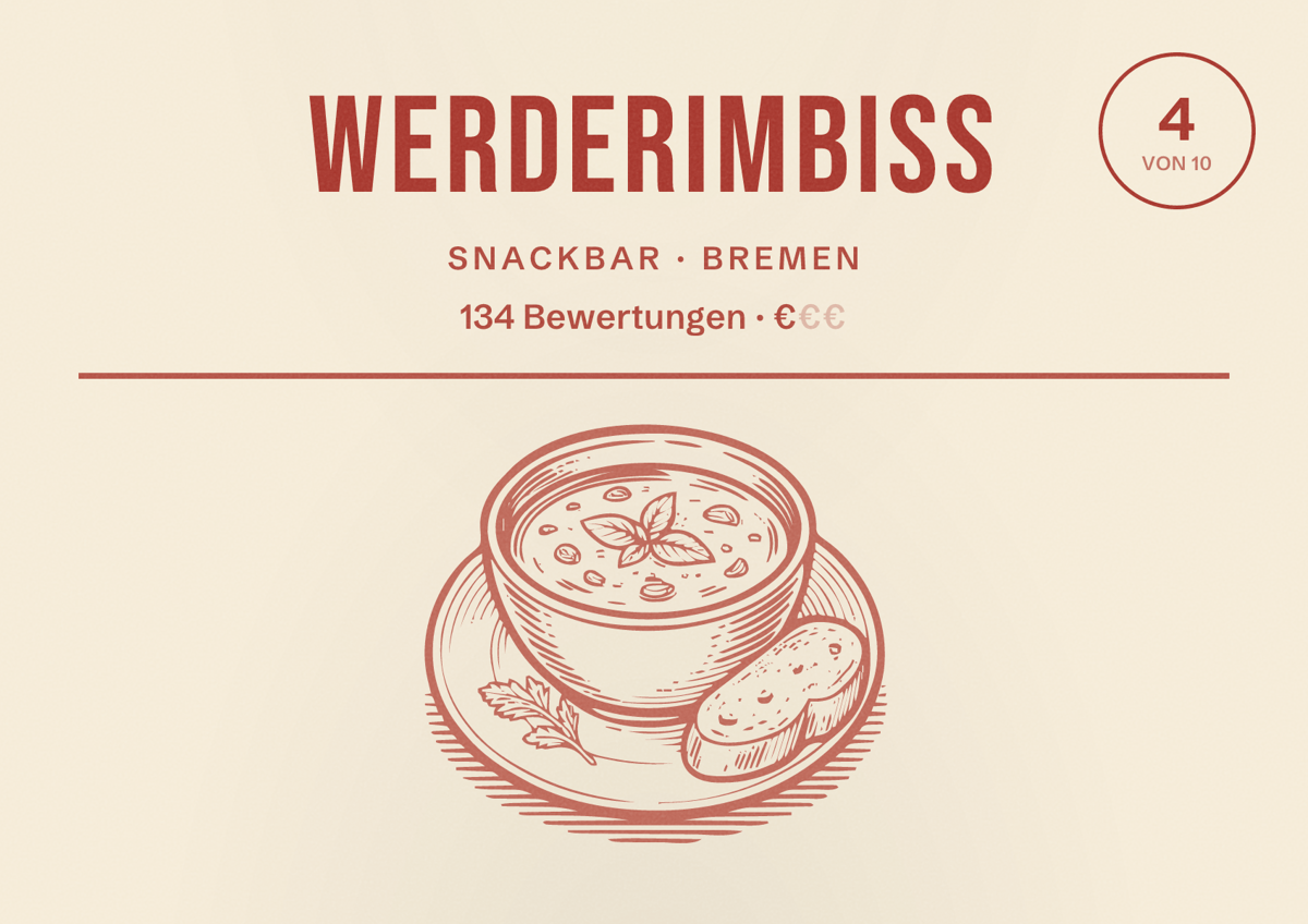 Illustriertes Poster von Werderimbiss, Snackbar in Bremen: Bewertung 4 von 10 aus 134 Bewertungen, Preisniveau €