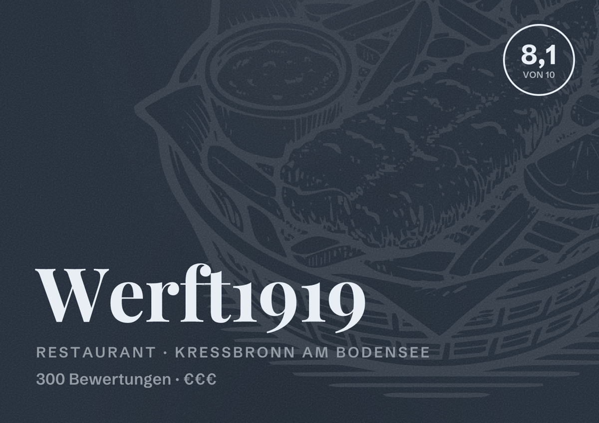 Illustriertes Poster von Werft1919, Restaurant in Kressbronn am Bodensee: Bewertung 8,1 von 10 aus 300 Bewertungen, Preisniveau €€€