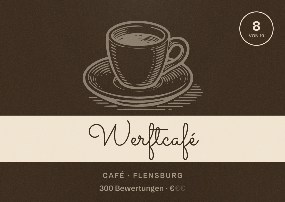 Illustriertes Poster von Werftcafé, Café in Flensburg: Bewertung 8 von 10 aus 300 Bewertungen, Preisniveau €