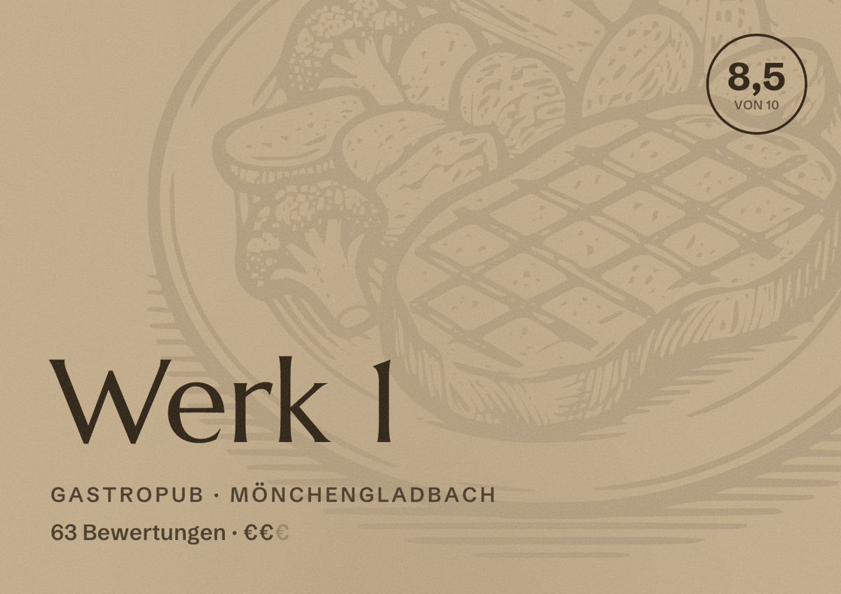 Illustriertes Poster von Werk 1, Gastropub in Mönchengladbach: Bewertung 8,5 von 10 aus 63 Bewertungen, Preisniveau €€