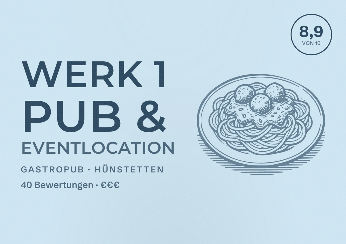 Illustriertes Poster von Werk 1 Pub & Eventlocation, Gastropub in Hünstetten: Bewertung 8,9 von 10 aus 40 Bewertungen, Preisniveau €€€