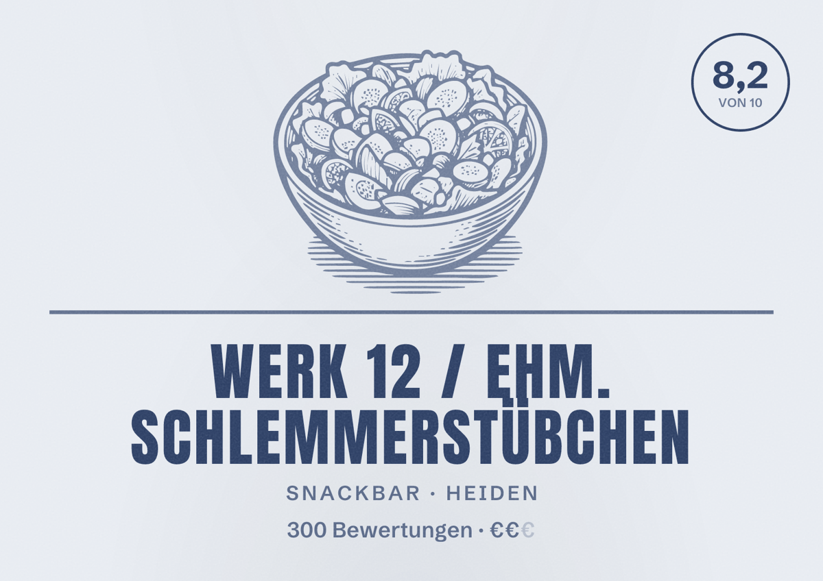 Illustriertes Poster von WERK 12 / ehm. Schlemmerstübchen, Snackbar in Heiden: Bewertung 8,2 von 10 aus 300 Bewertungen, Preisniveau €€