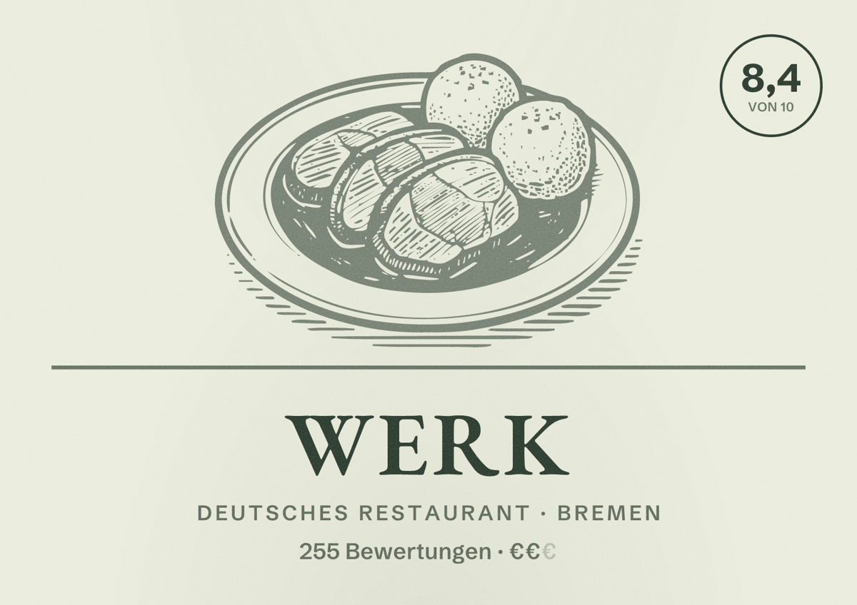 Illustriertes Poster von Werk, Deutsches Restaurant in Bremen: Bewertung 8,4 von 10 aus 255 Bewertungen, Preisniveau €€