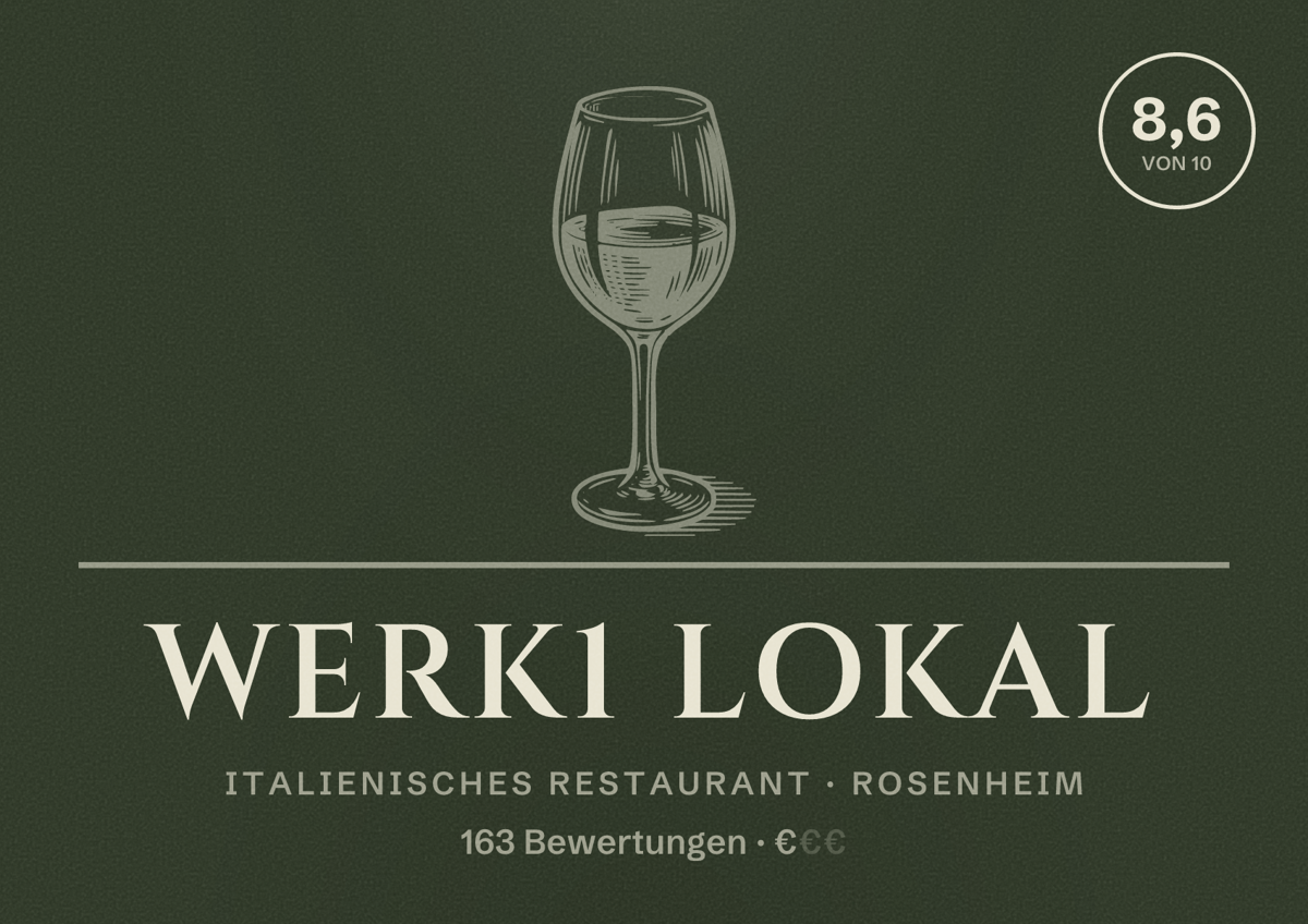 Illustriertes Poster von Werk1 Lokal, Italienisches Restaurant in Rosenheim: Bewertung 8,6 von 10 aus 163 Bewertungen, Preisniveau €