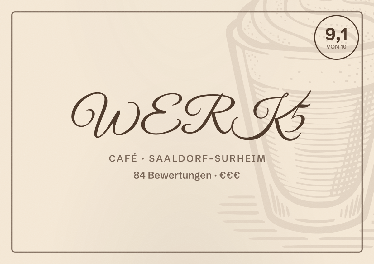 Illustriertes Poster von WERK5, Café in Saaldorf-Surheim: Bewertung 9,1 von 10 aus 84 Bewertungen, Preisniveau €€€