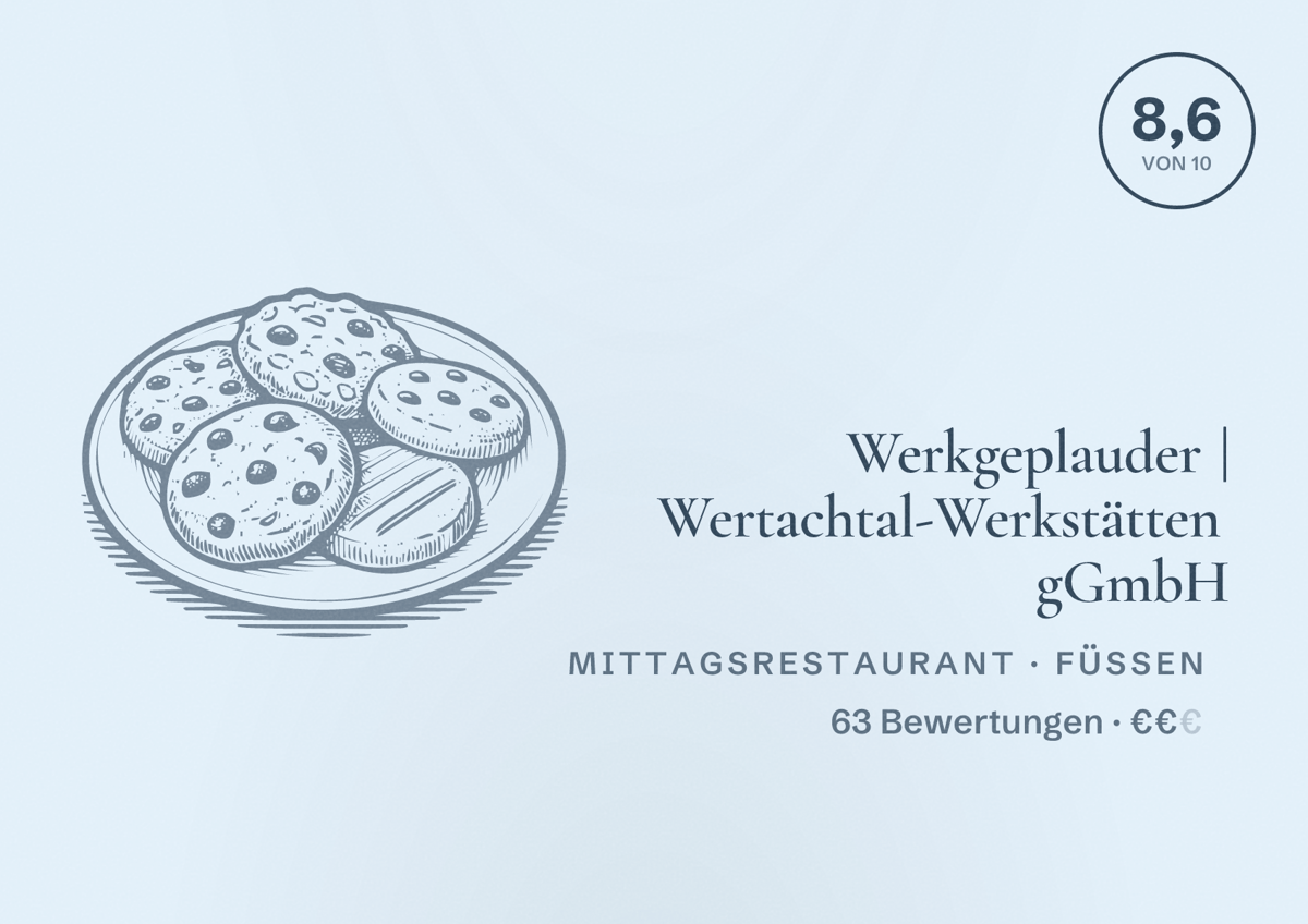 Illustriertes Poster von Werkgeplauder | Wertachtal-Werkstätten gGmbH, Mittagsrestaurant in Füssen: Bewertung 8,6 von 10 aus 63 Bewertungen, Preisniveau €€