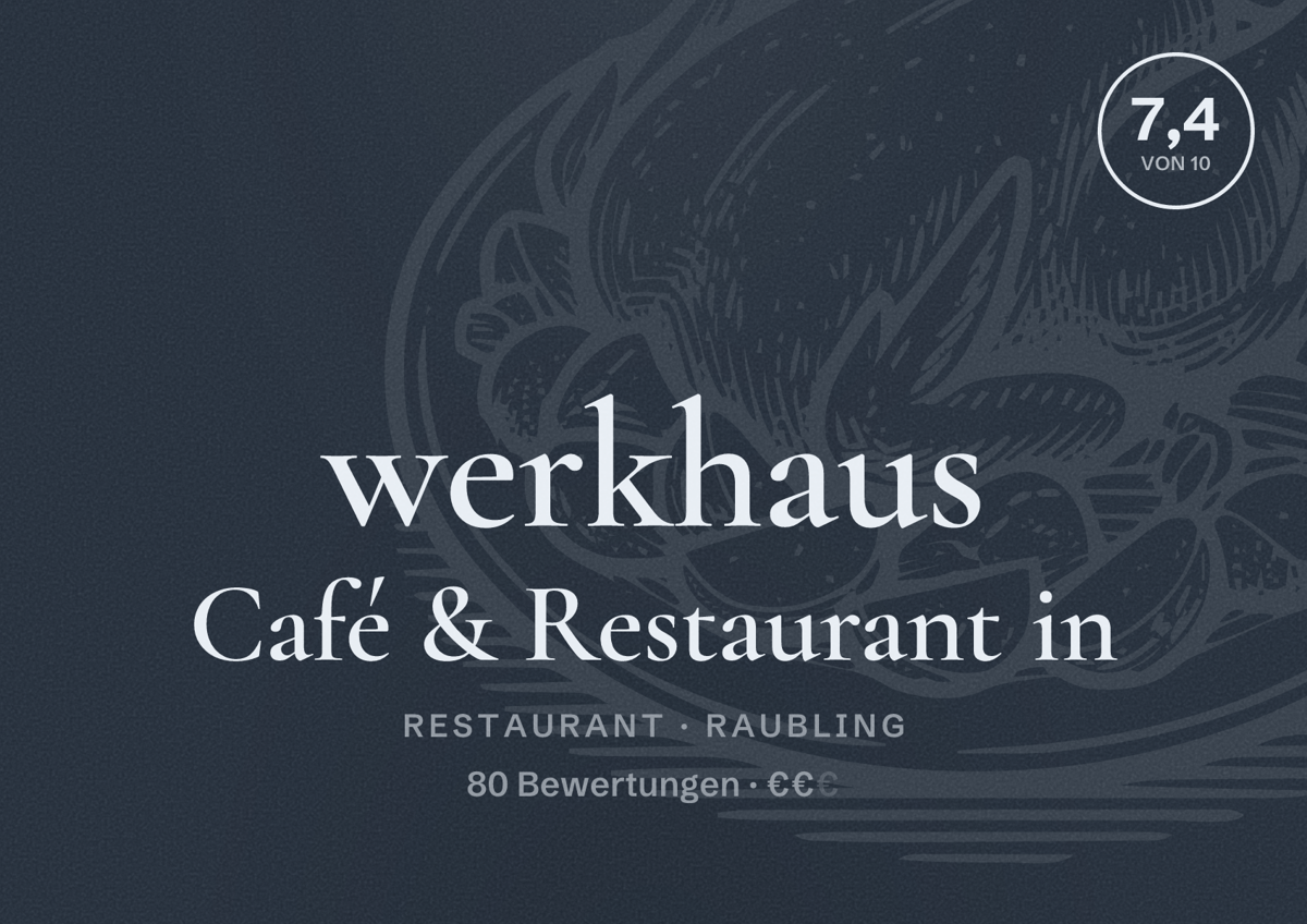 Illustriertes Poster von werkhaus Café & Restaurant in, Restaurant in Raubling: Bewertung 7,4 von 10 aus 80 Bewertungen, Preisniveau €€