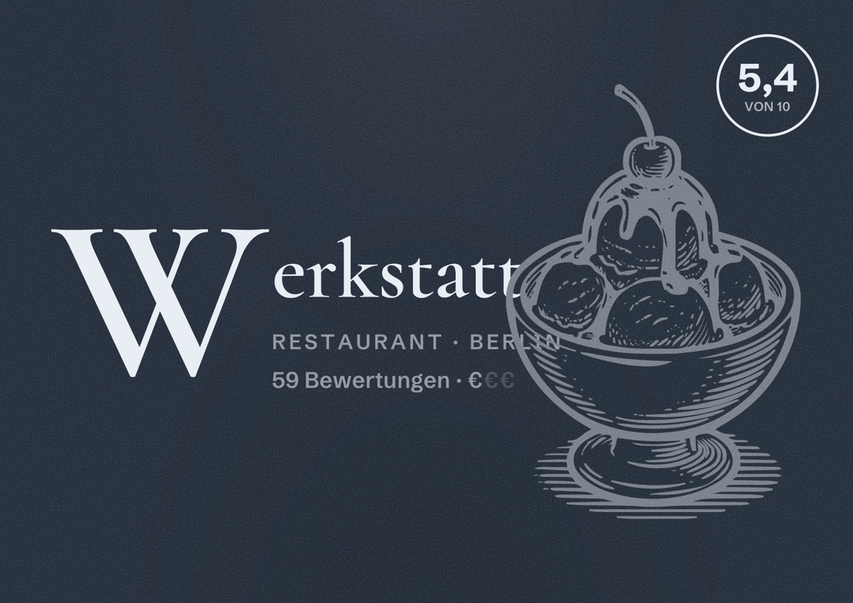 Illustriertes Poster von Werkstatt, Restaurant in Berlin: Bewertung 5,4 von 10 aus 59 Bewertungen, Preisniveau €