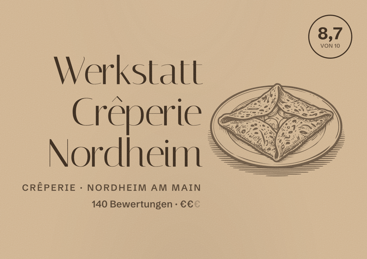 Illustriertes Poster von Werkstatt Crêperie Nordheim, Crêperie in Nordheim am Main: Bewertung 8,7 von 10 aus 140 Bewertungen, Preisniveau €€
