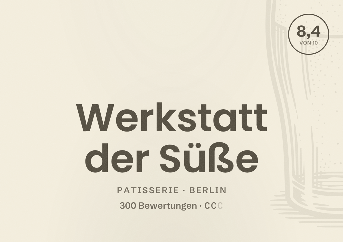 Illustriertes Poster von Werkstatt der Süße, Patisserie in Berlin: Bewertung 8,4 von 10 aus 300 Bewertungen, Preisniveau €€