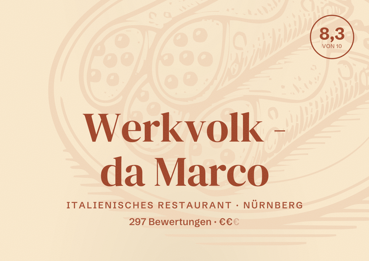 Illustriertes Poster von Werkvolk - da Marco, Italienisches Restaurant in Nürnberg: Bewertung 8,3 von 10 aus 297 Bewertungen, Preisniveau €€