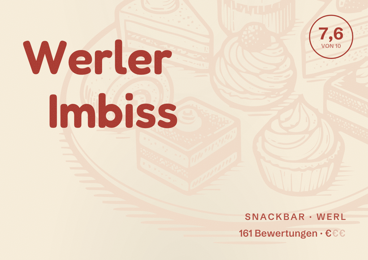 Illustriertes Poster von Werler Imbiss, Snackbar in Werl: Bewertung 7,6 von 10 aus 161 Bewertungen, Preisniveau €