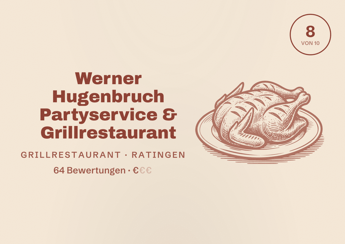 Illustriertes Poster von Werner Hugenbruch Partyservice & Grillrestaurant, Grillrestaurant in Ratingen: Bewertung 8 von 10 aus 64 Bewertungen, Preisniveau €