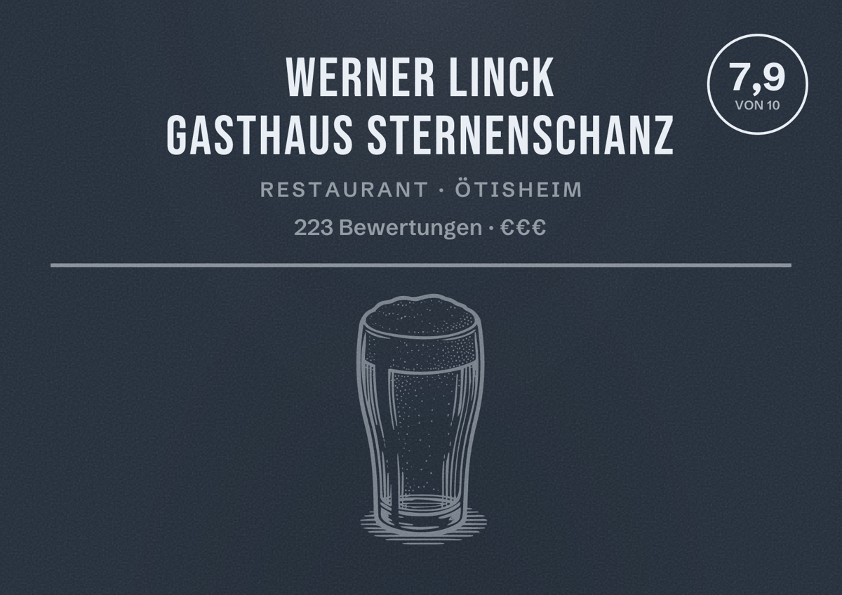 Illustriertes Poster von Werner Linck Gasthaus Sternenschanz, Restaurant in Ötisheim: Bewertung 7,9 von 10 aus 223 Bewertungen, Preisniveau €€€