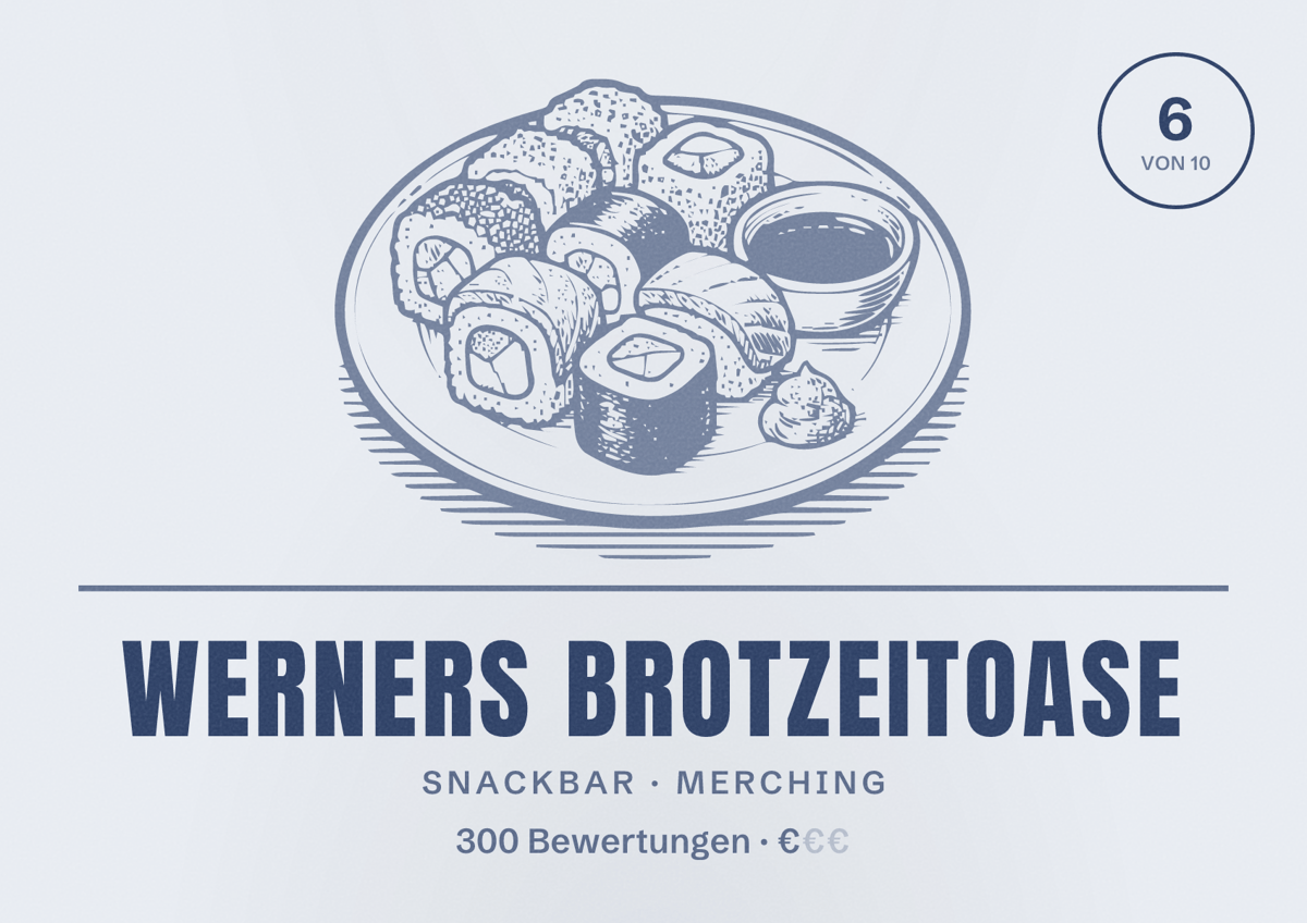 Illustriertes Poster von Werners Brotzeitoase, Snackbar in Merching: Bewertung 6 von 10 aus 300 Bewertungen, Preisniveau €