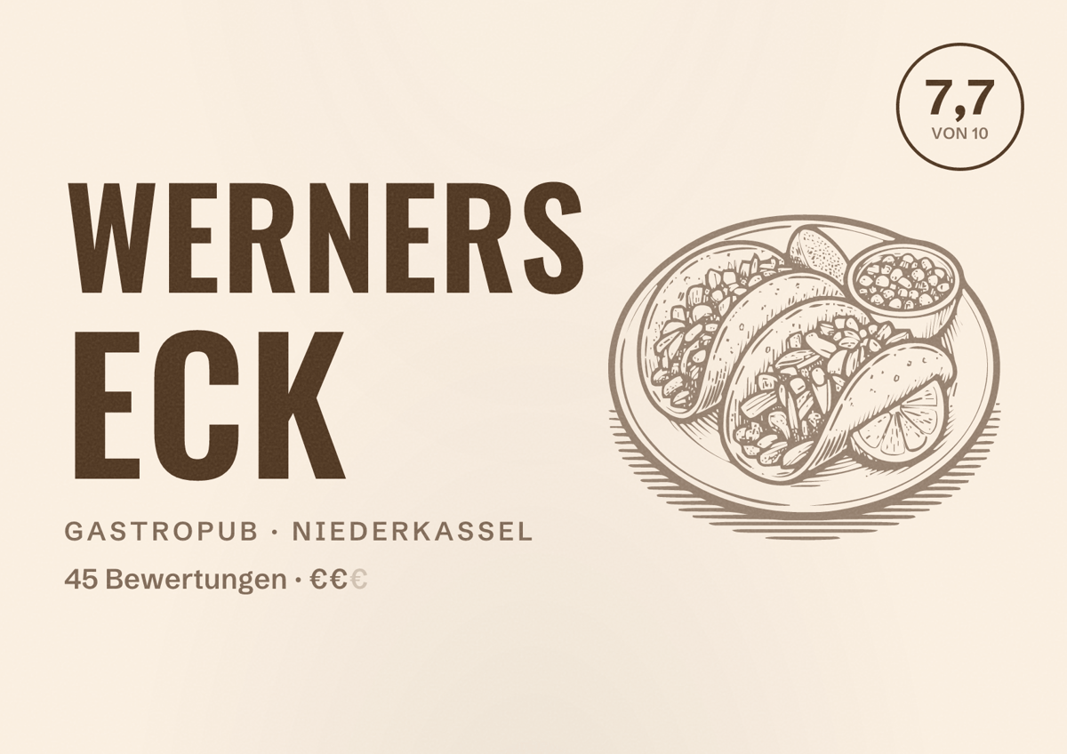Illustriertes Poster von Werners Eck, Gastropub in Niederkassel: Bewertung 7,7 von 10 aus 45 Bewertungen, Preisniveau €€