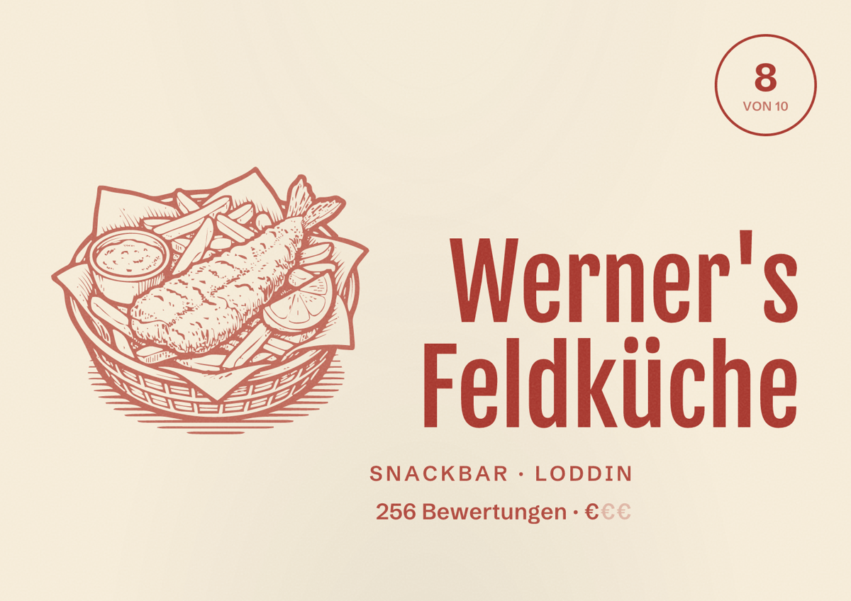 Illustriertes Poster von Werner's Feldküche, Snackbar in Loddin: Bewertung 8 von 10 aus 256 Bewertungen, Preisniveau €