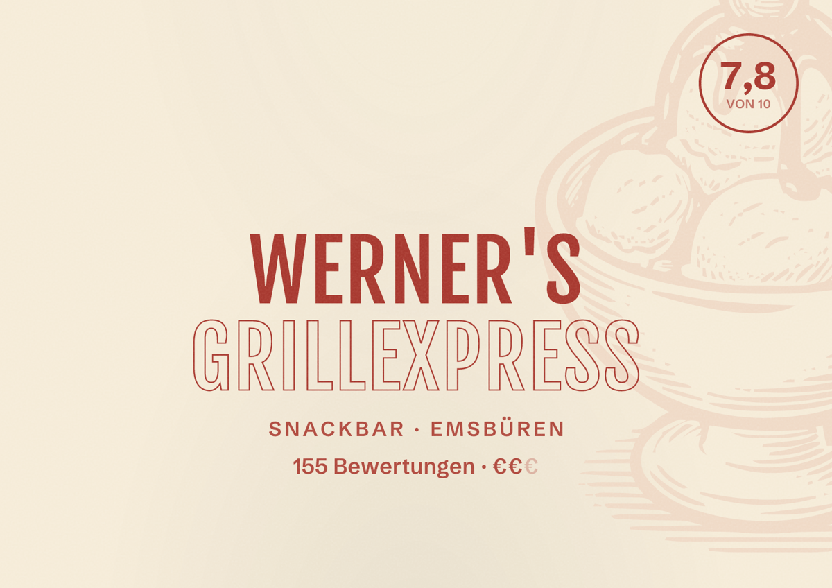 Illustriertes Poster von Werner's Grillexpress, Snackbar in Emsbüren: Bewertung 7,8 von 10 aus 155 Bewertungen, Preisniveau €€