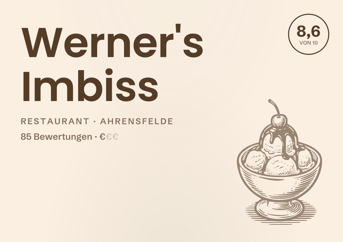 Illustriertes Poster von Werner's Imbiss, Restaurant in Ahrensfelde: Bewertung 8,6 von 10 aus 85 Bewertungen, Preisniveau €
