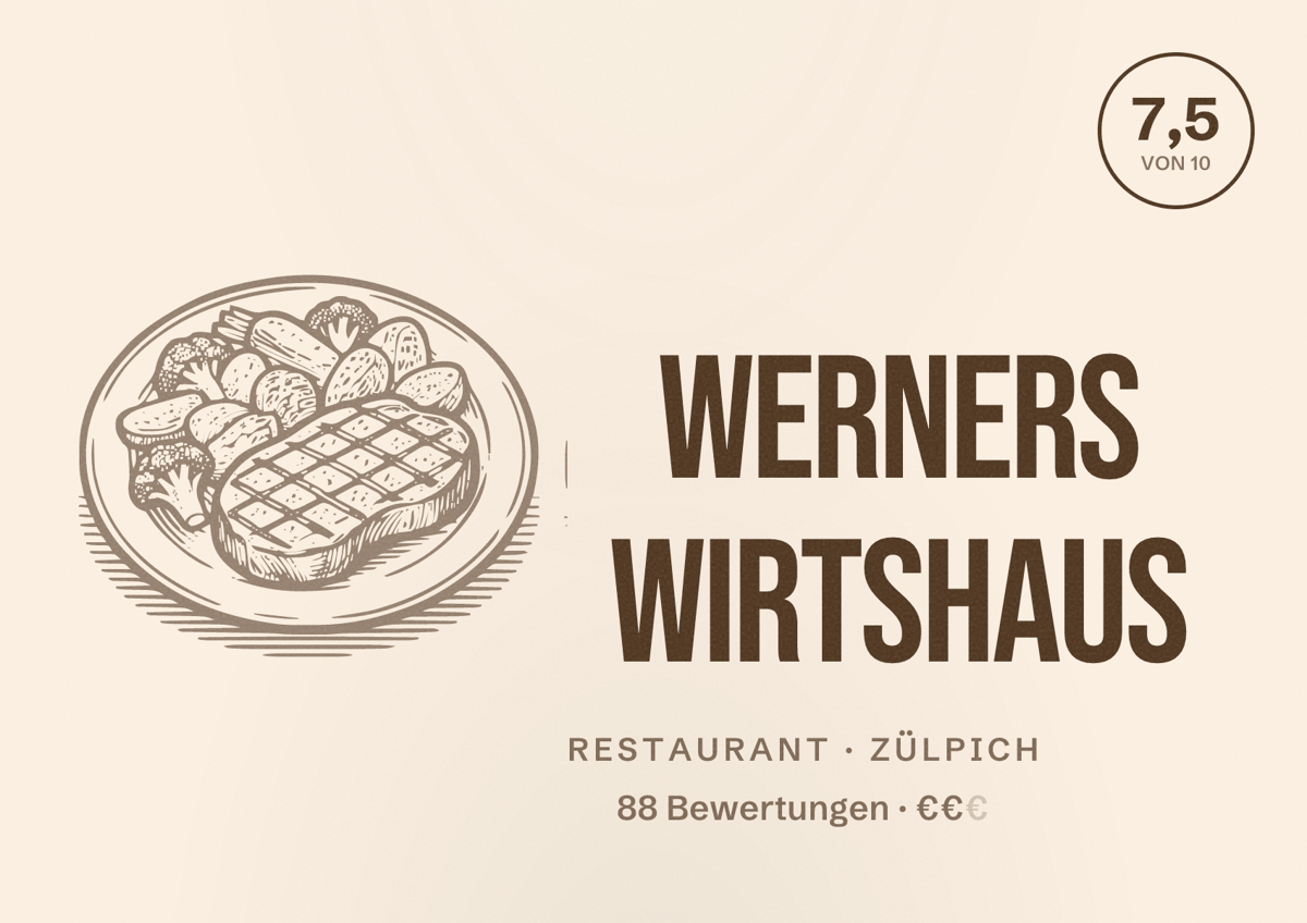 Illustriertes Poster von Werners Wirtshaus, Restaurant in Zülpich: Bewertung 7,5 von 10 aus 88 Bewertungen, Preisniveau €€