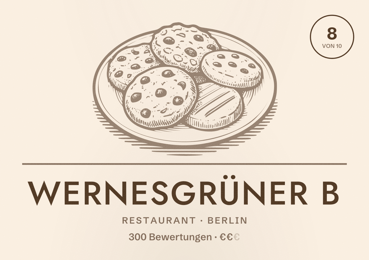 Illustriertes Poster von Wernesgrüner B, Restaurant in Berlin: Bewertung 8,0 von 10 aus 300 Bewertungen, Preisniveau €€