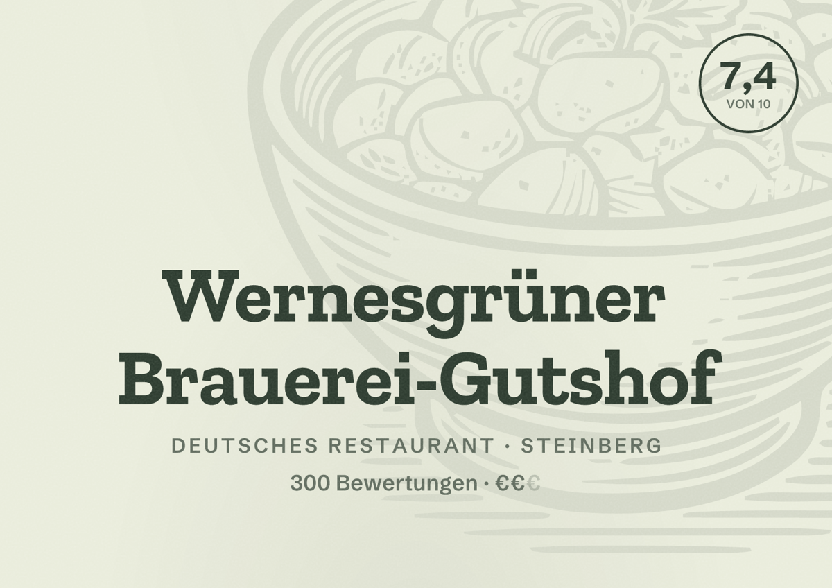 Illustriertes Poster von Wernesgrüner Brauerei-Gutshof, Deutsches Restaurant in Steinberg: Bewertung 7,4 von 10 aus 300 Bewertungen, Preisniveau €€