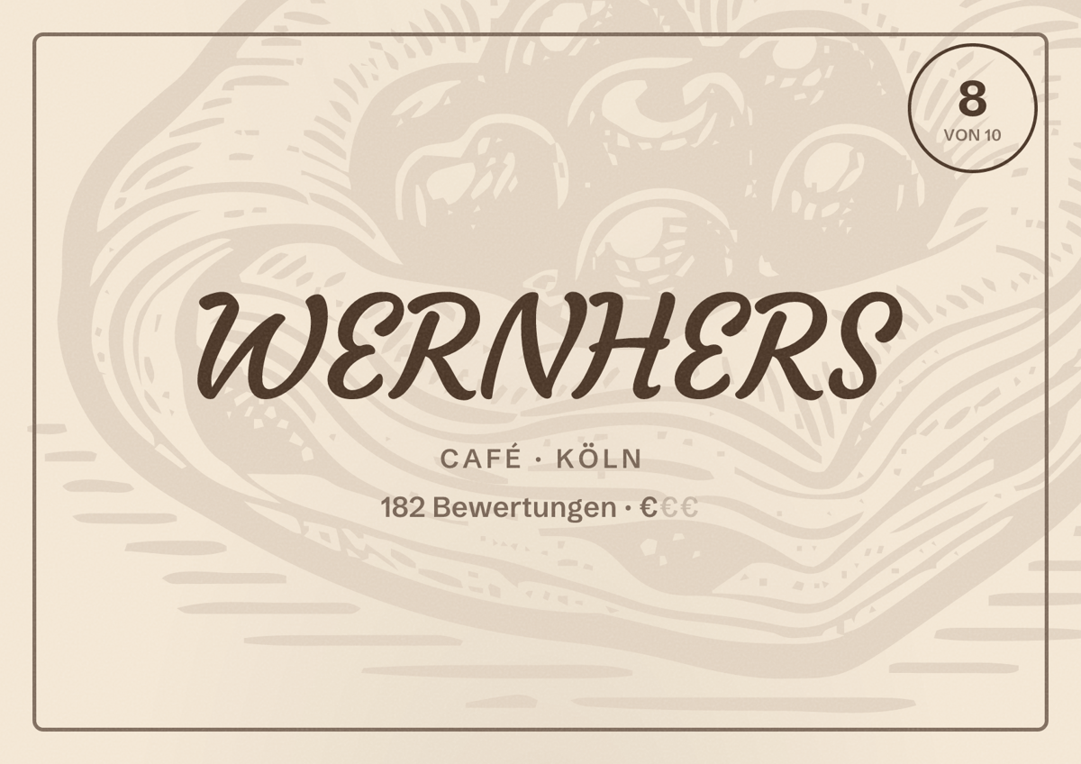 Illustriertes Poster von WERNHERS, Café in Köln: Bewertung 8,0 von 10 aus 182 Bewertungen, Preisniveau €