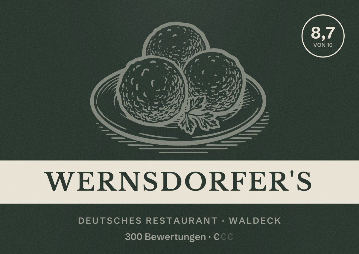 Illustriertes Poster von Wernsdorfer's, Deutsches Restaurant in Waldeck: Bewertung 8,7 von 10 aus 300 Bewertungen, Preisniveau €