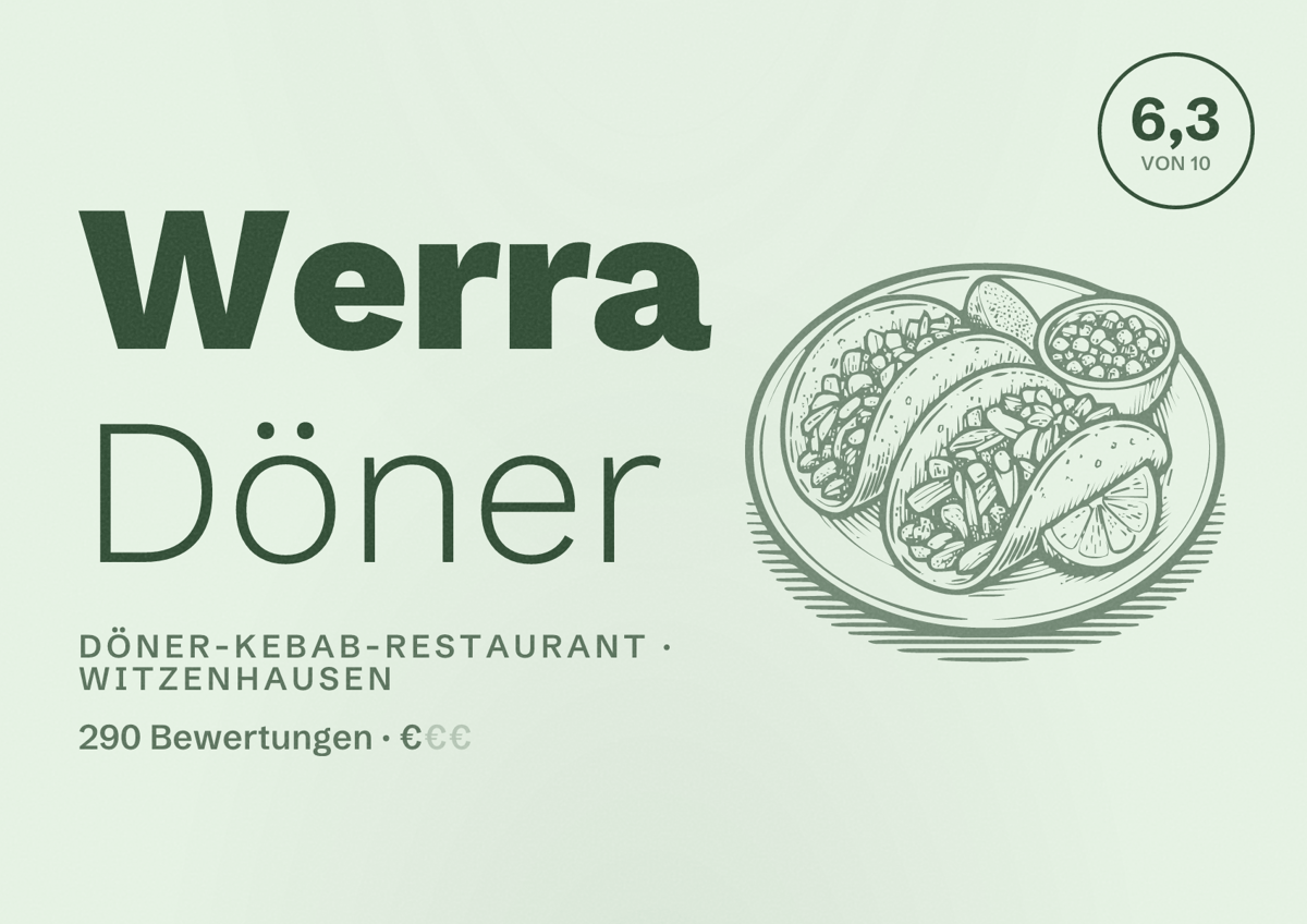 Illustriertes Poster von Werra Döner, Döner-Kebab-Restaurant in Witzenhausen: Bewertung 6,3 von 10 aus 290 Bewertungen, Preisniveau €